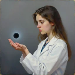 an oil painting of a beautiful young female scientist looking at a small black hole in her hand, style by jordan grimmer and greg rutkowski, elegant, sharp focus, morandi color scheme, illustration, high quality, highly detailed, long hair, digital art, science fiction art style, art station