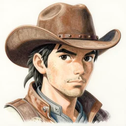 post - apocalyptic cowboy, finely illustrated face, highly detailed, colored pencil, studio ghibli, tankobon, in the style of ilya kuvshinov and krenz cushart and william - adolphe bouguereau and alphonse mucha