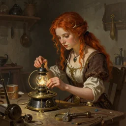 an epic fantasy comic book style portrait painting of a young tinker girl working on a device in her workshop, d & d, fantasy, intricate, elegant, highly detailed, digital painting, artstation, concept art, matte, sharp focus, illustration, art by artgerm and greg rutkowski and alphonse mucha