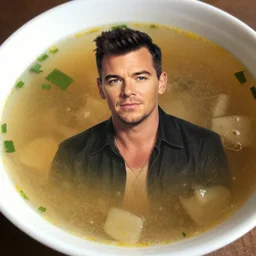 rick astley's image in the surface of a bowl of soup
