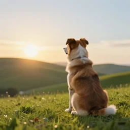 back view of dog watching the sun sitting on the hill, hyperdetailed, artstation, cgsociety, 8 k