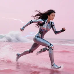 a seductive lee ji - eun in celestial cybernetic suit running in mach 3 super speed on a serene pink ocean, water splash, tsunami behind him, speed blur, visually stunning, majestic, by wlop, james jean, ilya kuvshinov, ruan jia, lightspeed, god speed, lightning fast, quick