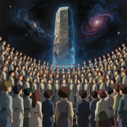 a highly detailed matte painting of a cosmic choir in space looking at a monolith by studio ghibli, makoto shinkai, by artgerm, by wlop, by greg rutkowski, volumetric lighting, octane render, 4 k resolution, trending on artstation, masterpiece