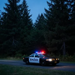 dark night, a police car with the lights on, in the countryside, surrounded by green pine trees, oregon