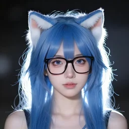 photo of a young woman with messy blue hair and cat ears, black glasses, backlit, night photography