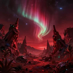 exotic landscape, rocks pointing to the sky, sparse plants, weird, creepy, quiet, red color scheme, andromeda krogan nebula aurora wallpaper 3 d pixar disney digital cgi rtx hdr painting bioluminance alena aenami artworks in 4 kby loish beeple, by thomas kinkade 2 2 2 2
