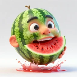 a funny sculpture of a squashed human head with a watermelon in his mouth, splashing fruit juice, funny face, vibrant, in the style of mike campau, cg render, ray tracing, 8 k resolution, sharp