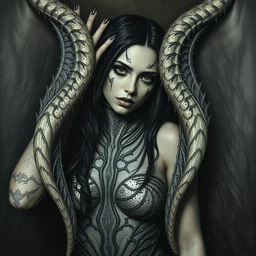 gal gadot as a hans zatzka, h. r. giger painting
