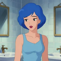 short blue haired woman, tile bathroom, animation style of american pop ( 1 9 8 1 ), rotoscoping, anastasia