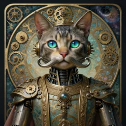 retro cat robot, large metal mustache, animal bot, muted colors, nebula background, glowing blue green eyes, detailed realistic surreal groovypunk robot in full regal attire. face portrait. art nouveau, symbolist, visionary, baroque, giant fractal details. horizontal symmetry by zdzisław beksinski, gears, alphonse mucha. highly detailed, hyper - real, beautiful