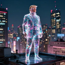 donald trump as a large transparent hologram in a cyberpunk city, rooftop, cinestill 8 0 0 t, 1 9 8 0 s movie still, blade runner
