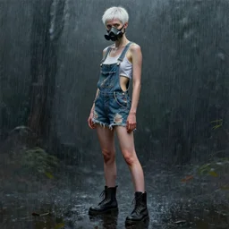 full body pose, mixed media painting of a grungy woman with buzzed white hair, dust mask, soft eyes and narrow chin, dainty figure, torn overalls, short shorts, combat boots, side boob, wet tshirt, wet, raining portrait, extremely hyper - detailed, intricate, epic composition, very detailed, masterpiece, stunning,