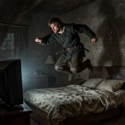 dark oil realistic matte painting a middle age man jumping in attention from bed toward a television