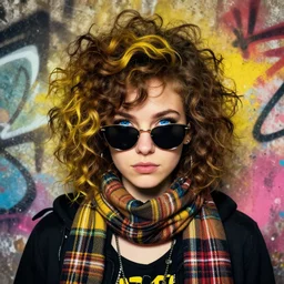 highly detailed portrait of a sewer ( ( emo punk ) ) lady student, sunglasses, blue eyes, tartan scarf, curly hair by atey ghailan, by greg rutkowski, by greg tocchini, by james gilleard, by joe fenton, by kaethe butcher, gradient yellow, black, brown and pink color scheme, grunge aesthetic!!! graffiti tag wall background