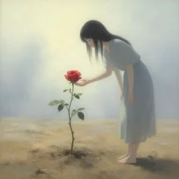 lonely rose growing on dry soil, woman caring for the rose, fantasy world, ethereal back light, mist, coherent composition, detailed fantasy painting, noriyoshi ohrai, yuumei