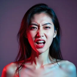 woman, beautiful asian, standing in front of the camera, in studio, raging, close up, red and blue colours, side lighting, photography, chromatic aberration, art by aaron siskind,