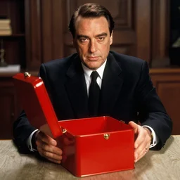 Silvio Berlusconi in Pulp Fiction opening a red square featureless metallic box