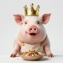 studio photograph of a pig wearing a gold crown and apron depicted as a muppet seasoning food