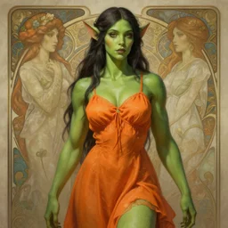 muscled green-skinned orc princess wearing an orange summer dress, diffuse lighting, fantasy, intricate, elegant, highly detailed, lifelike, photorealistic, digital painting, artstation, illustration, concept art, smooth, sharp focus, art by John Collier and Albert Aublet and Krenz Cushart and Artem Demura and Alphonse Mucha