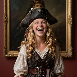 laughing, beautiful, intelligent, blonde female pirate captain 2 8 years old, 1 9 4 0 s haircut, fully clothed, wise, beautiful, masterful 1 7 5 0 s oil painting hanging at the louvre, dramatic lighting, sharp focus