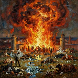 the first unleashing of the hell - fire. cities had become puddles of glass, while nations had vanished from the earth, the lands littered with bodies, both men and cattle, and all manner of beasts,, oil painting by tomasz jedruszek, craig davison, anton semonov