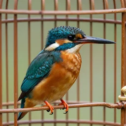 kingfisher in a bird cage, realistic, high detail