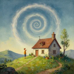 beautiful matte painting of a cottage on a hill whimsical by brian froud and bridget bate tichenor with huge dlowing spiral