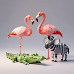 low poly render, studio lighting, crocodile flamingo koala zebra, paper