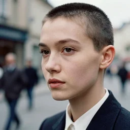 ektachrome, 3 5 mm, highly detailed : incredibly realistic, demure, perfect features, buzz cut, beautiful three point perspective extreme closeup 3 / 4 portrait photo in style of chiaroscuro style 1 9 7 0 s frontiers in flight suit cosplay paris seinen manga street photography vogue italia fashion edition