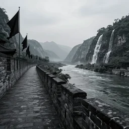 a 4K high-definition expansive view of a pitch-black city wall beside a river, black flags on it, cascading mountains on the other side of the river, highly detailed, cinematic, realistic, concept art