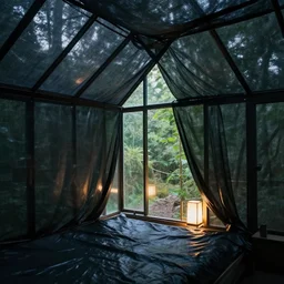 interior photo of a crystalline glass house with translucent black mesh tarps, forest in the background, light coming through the window, light box, moody atmosphere,
