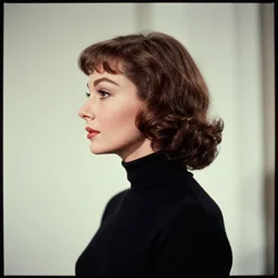 analog photojournalism photography by eve arnold. filmic. a vintage head and shoulder three - fourth side profile of a beautiful hollywood actress 1 9 6 0 s. black turtle neck. natural light. taken with a pentax on color slide film. symmetrical balance. in - frame