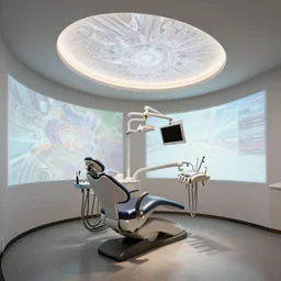 low ceiling oval shaped room interior with ceramic dentist chair and projection mapped walls, octane render, intricate details