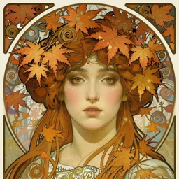 realistic detailed face portrait of a beautiful young queen of Japanese Maple trees by Alphonse Mucha, Greg Hildebrandt, and Mark Brooks, Art Nouveau, spirals, Neo-Gothic, gothic