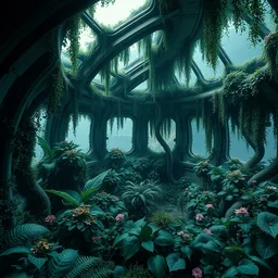 a garden inside a spaceship in space, large windows, overgrowing with plants and vegetation, grimy \, dark, highly detailed, trees, flowers, science fiction, dystopian, 4 k, art by artgerm