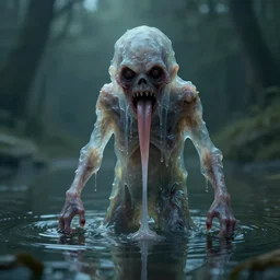 a creepy monster, slimy tongue, saliva, translucent skin, standing in shallow water, drowned, unsettling, creepy, artstation, cgsociety, insanely detailed octane render, 8k artistic photography, photorealistic
