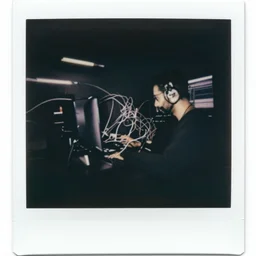 black and white - 3 5 mm polaroid photo - dark photo of a cyberpunk programmer composed of wires