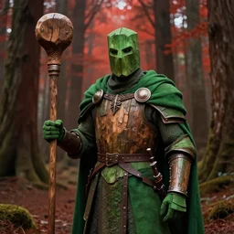 full portrait of a green knight, giant wooden club, wooden bark armor, green cloak, in a redwood forest, high fantasy, highly detailed, matte painting, midjourney