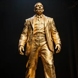 Drake worshipping a golden statue of himself, low angle