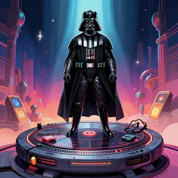 darth vader dj standing on a giant science fiction turntable at a astronaut rave, digital art, winning award masterpiece, fantastically beautiful, illustration, dan mumford, moebius, artgerm, wlop 8 k