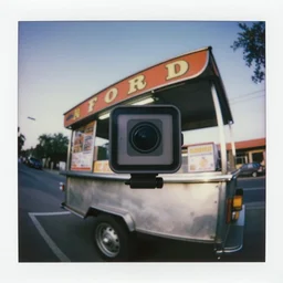 low - angle go - pro view, very low - angle, ant's!!! eye!!! view!! photo of a street food cart in 8 0 s, polaroid photo, by andy warhol