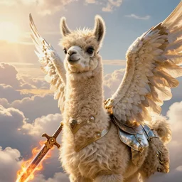 A beautiful fierce llama angel with wings, wearing metal battle armor and a flaming sword, among heavenly sunlit clouds, close-up, intricate anthro llama portrait, elegant, digital painting, golden hour photo, cinematic, trending on artstation, anthro concept art, smooth, sharp focus, llama, illustration, art by artgerm and Greg Rutkowski and Alphonse Mucha, daily deviation, llama
