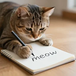 a photo of a cat writing the word meow on a notepad