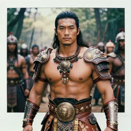 matte close - up portrait of smart and ruggedly handsome hero body builder tai warlords who assemble in the forest backlighting in crowd of battlefield, ethnic costume, leather and metal armored, traditional decoration, elegant, loin cloth, highly detailed, 8 k, cinematic lighting, global illumination, ornate, super detailed, faded color polaroid, a colorized photo, colorized, # film, movie still