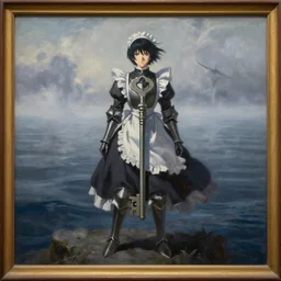 anime key visual of wanderer above the sea of fog 1 8 1 8 but figure is anime maid in armor set in grimdark fantasy, in the style of jamie wyeth james gilleard edward hopper greg rutkowski acrylic painting, oil on canvas, preserved museum piece, historical