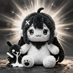 cute fumo plush of a girl from the rift, the othercreature of the nether dimension, vray, black and white, melting crayon