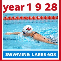 year 1 9 2 8 poster for swimming. red and blue