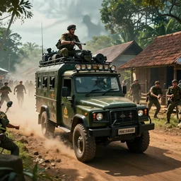 a militarized police vehicle riding through a kerala village, troops searching the area, furious action scene, an epic fantasy, dramatic lighting, cinematic, establishing shot, extremely high detail, photorealistic, cinematic lighting, artstation, matte painting, octane render, by simon stalenhag, shadow of the tomb raider