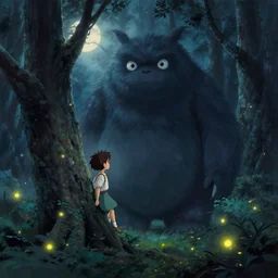 a small boy leaning on a tree encounters a giant furry one - eyed monster in a misty moonlit forest, painting by studio ghibli. surrounded by fireflies, cinematic lighting