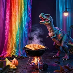 drapes chewing gum. delicious color 🌈. anachronism barbecue. waffle. neon future. dinosaur. noir.